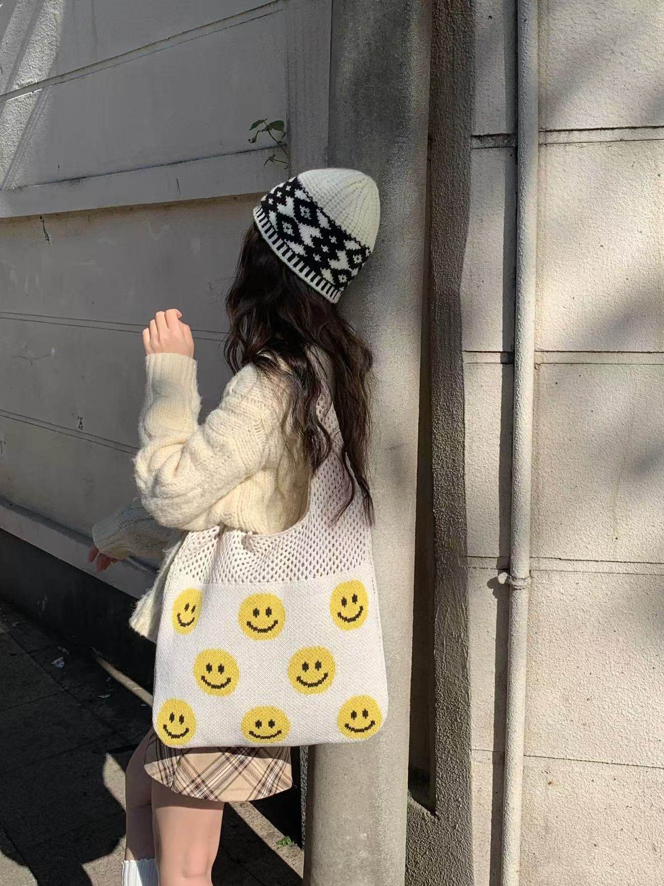 Smiley Face Crochet Bag – Colorful Handmade Shoulder Tote with 30cm Strap | Large Capacity Cotton Rope Bag 40cm Width One-Sake.com white khaki white off khaki-white off-white-