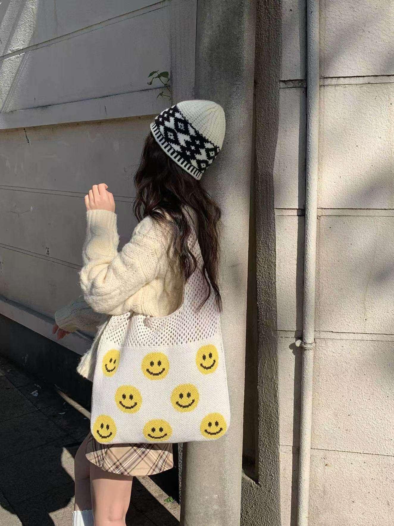 Smiley Face Crochet Bag – Colorful Handmade Cotton Rope Tote with 30cm Strap | Large Capacity 40cm Shoulder Bag