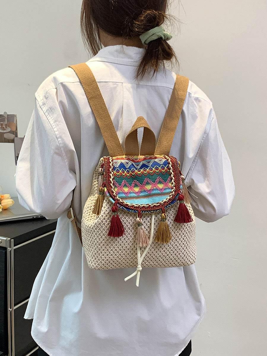 Unique Handwoven Crossbody Backpack for Women with Colorful Tassels - Natural Cotton Rope, 33x22cm, Adjustable Strap