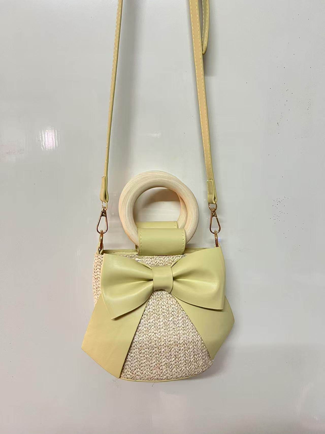 Wooden Handle Bow Shape Handwoven Bag – Perfect for Check-Ins &amp; Photos | Cotton Rope Crossbody Bag with Adjustable Strap One-Sake.com green khaki white khaki-white-green-pink-