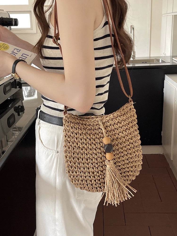New Retro Tassel Woven Crossbody Bag for Women – Leather Strap &amp; Zip Closure | Cotton Rope Vintage Style Shoulder Bag 25cm Width One-Sake.com khaki white off khaki-white off-
