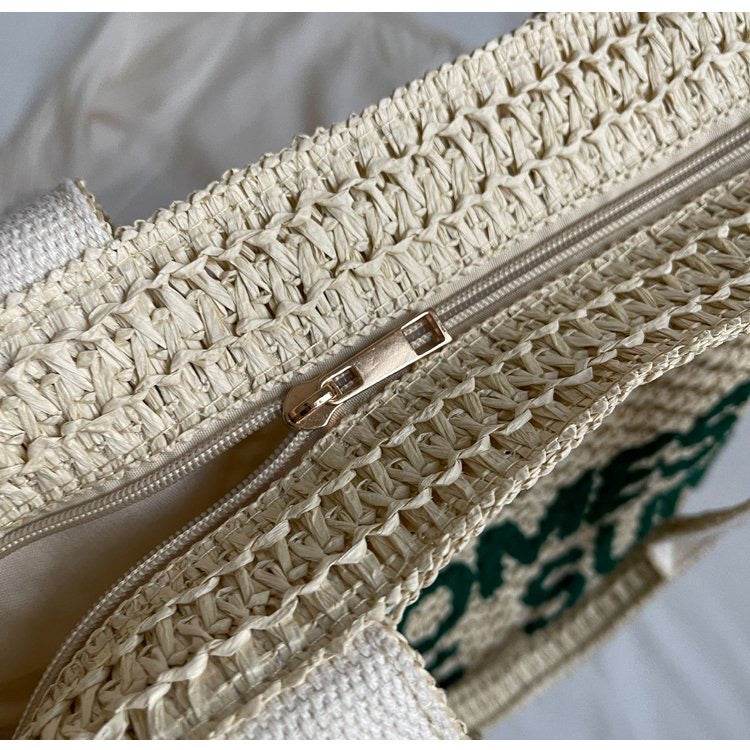 Large Handwoven English Letter Tote Bag for Women – Spacious Cotton Rope &amp; Natural Fiber Shoulder Bag | 39cm x 41cm Travel &amp; Daily Use One-Sake.com green khaki white off khaki-white off-green-