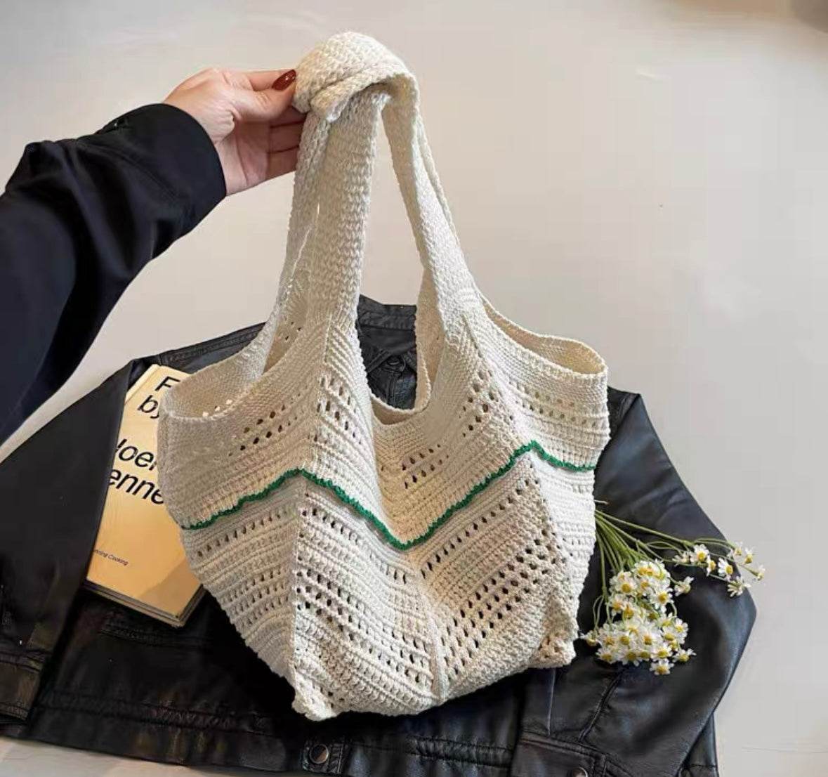 New Korean Style Crochet Shoulder Bag – Large Handmade Cotton Rope Tote | 33cm x 28cm with 58cm Strap One-Sake.com black green red green-red-black-