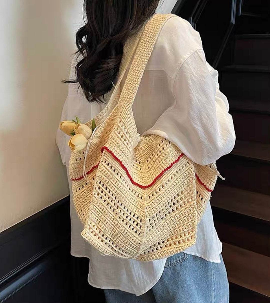 New Korean Style Crochet Shoulder Bag – Large Handmade Cotton Rope Tote | 33cm x 28cm with 58cm Strap One-Sake.com black green red green-red-black-