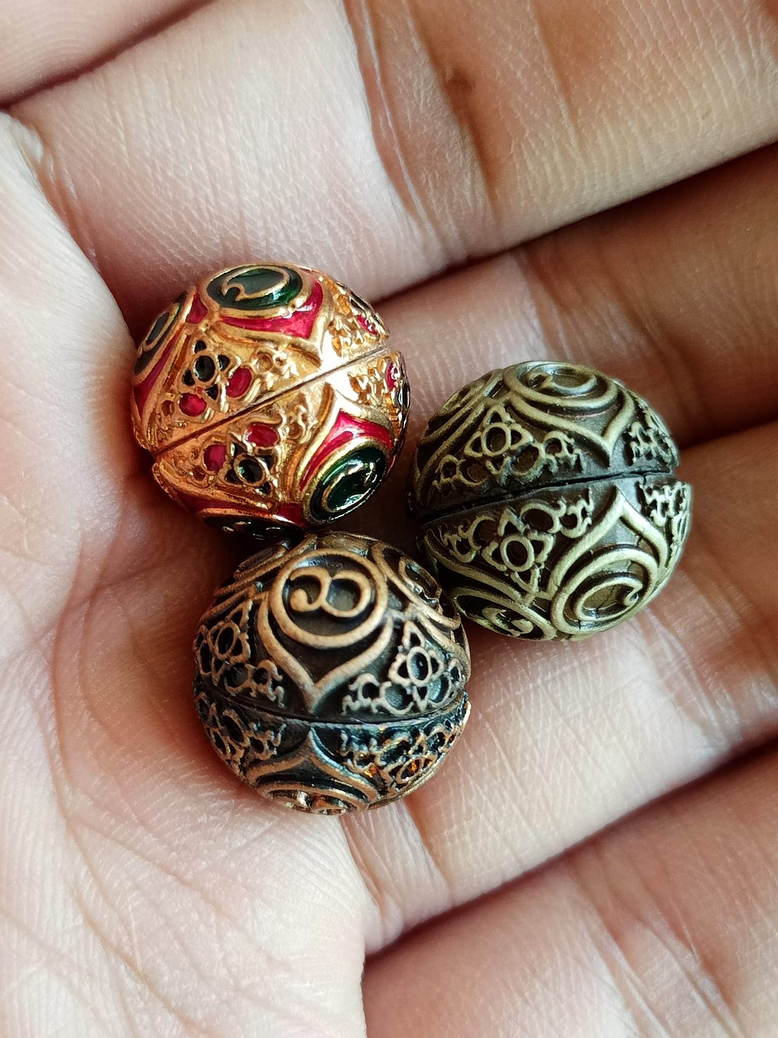 Thai Blessing Co ancient mercury spirit orb set of three ornate filigree brass spheres held in palm