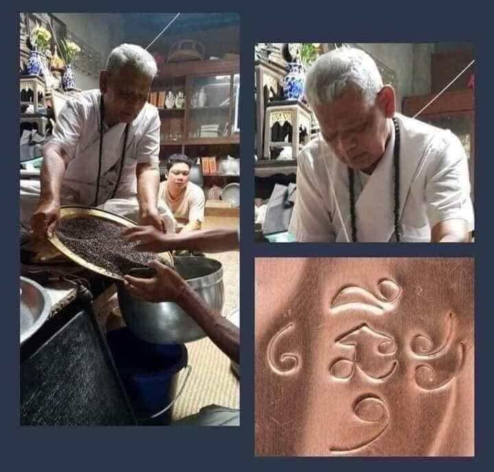Thai Blessing Co artisan crafting black glutinous rice takrud amulet during blessing ritual with close up detail