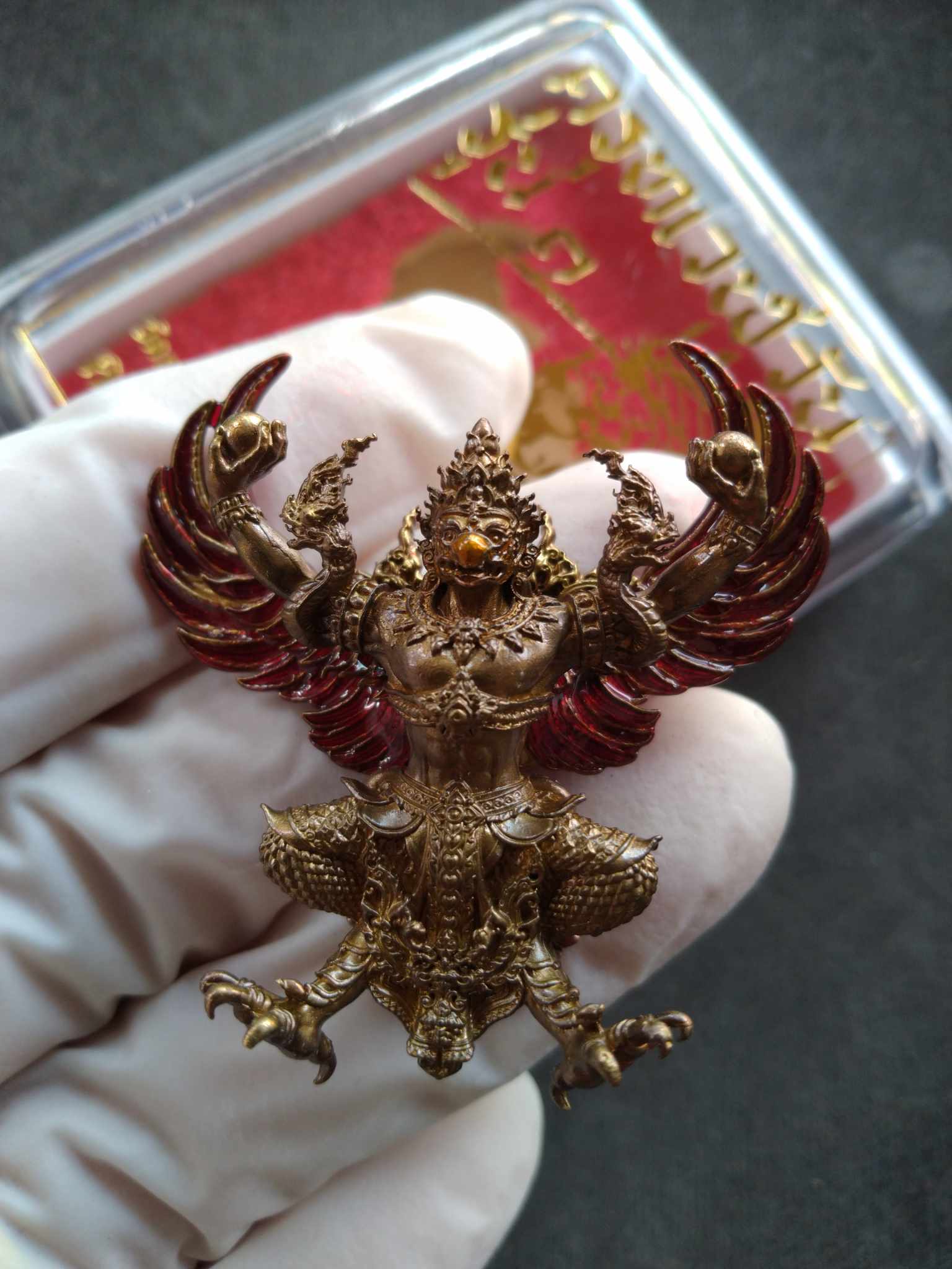 Thai Blessing Co first edition Garuda amulet for protection bronze pendant with red enamel wings