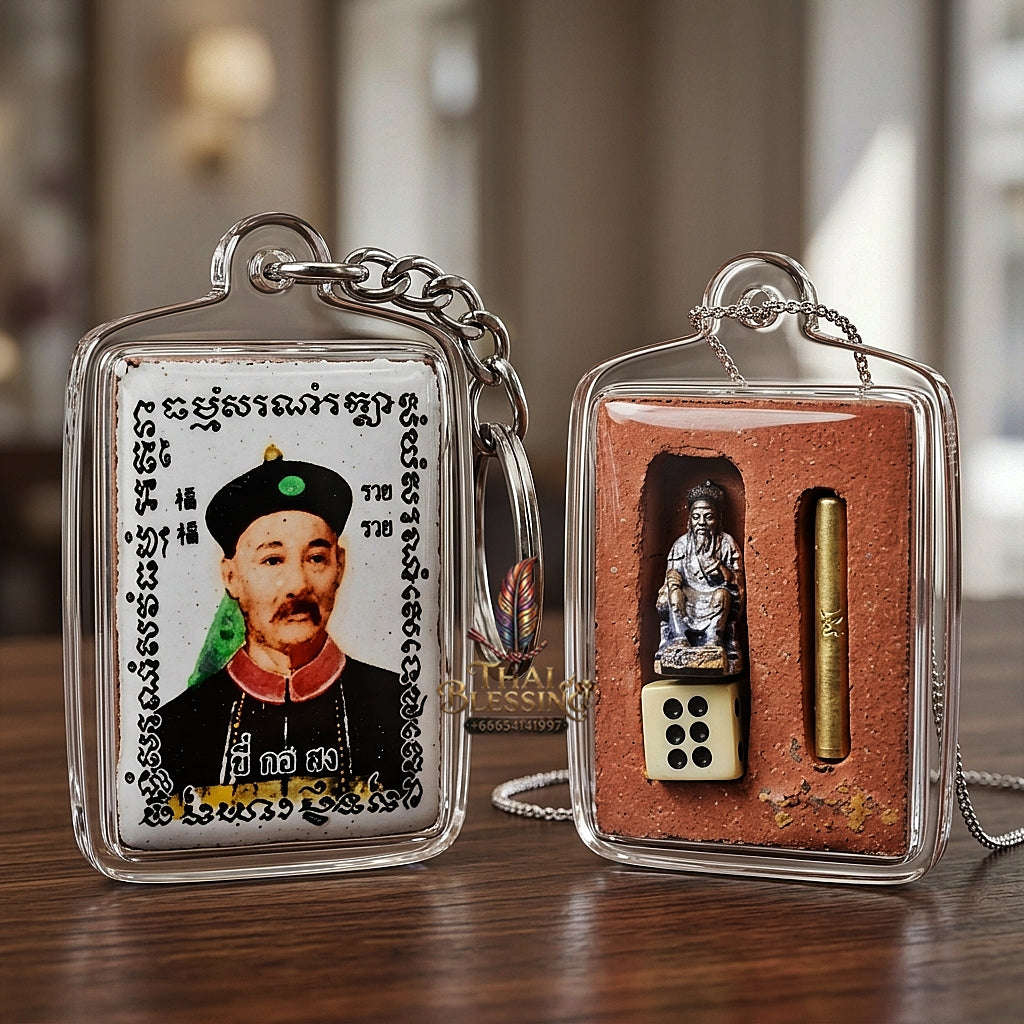 Thai Amulet Gambling Luck, Lottery Win & Wealth Attraction Masterpiece Chao Pho Yi Go Hong & Chai Sing Ei Rectangular Waterproof Locket "Setthi Ruay Sap" Thai Blessing Co By RURUECHA