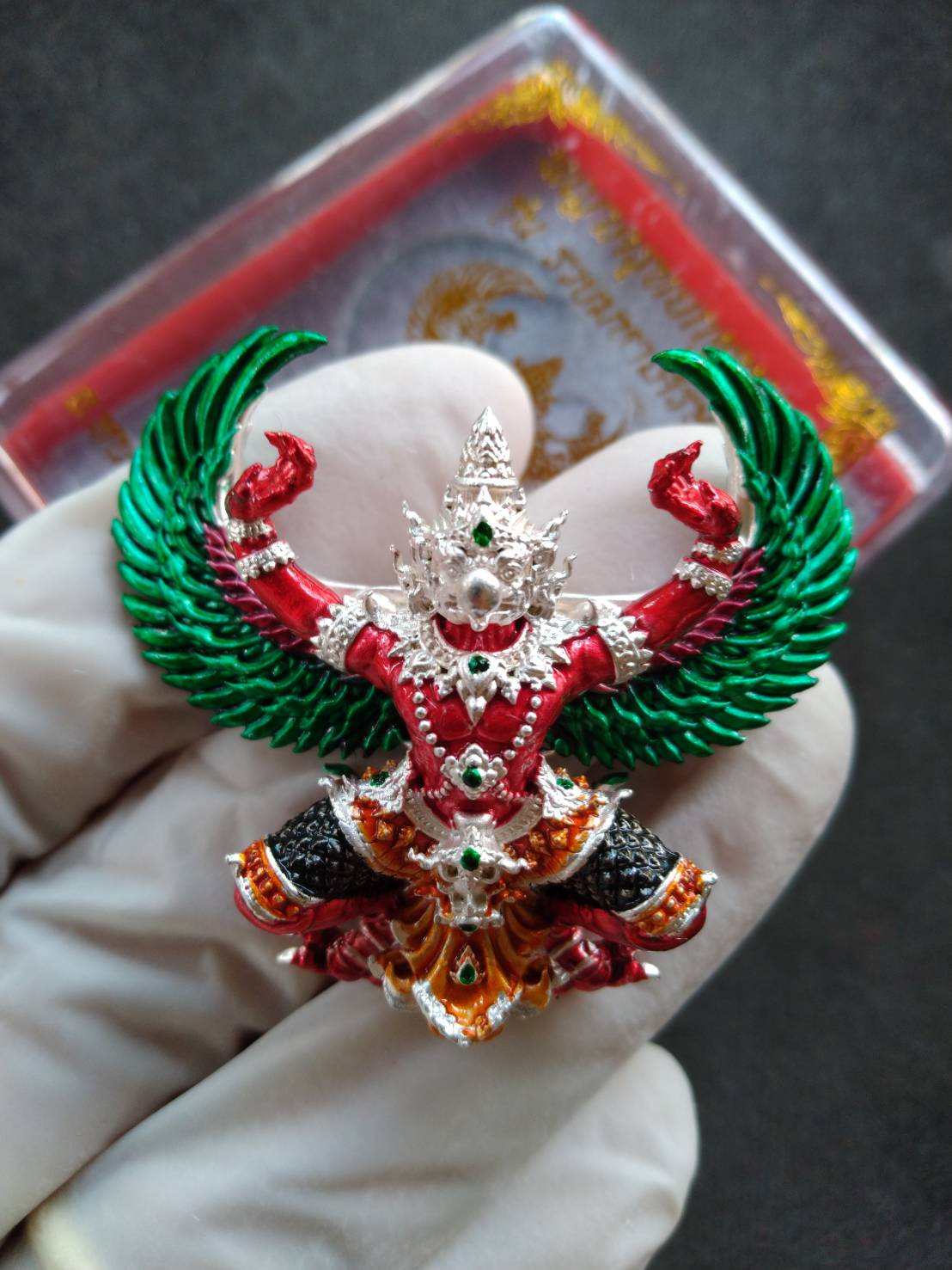Thai Garuda pendant amulet with green wings red body and silver crown Garuda Wealthy Millionaire Edition by Thai Blessing Co