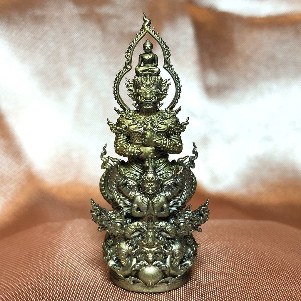 Thai Blessing Co giant king amulet wealth bringer brass statue with Buddha and guardian figures
