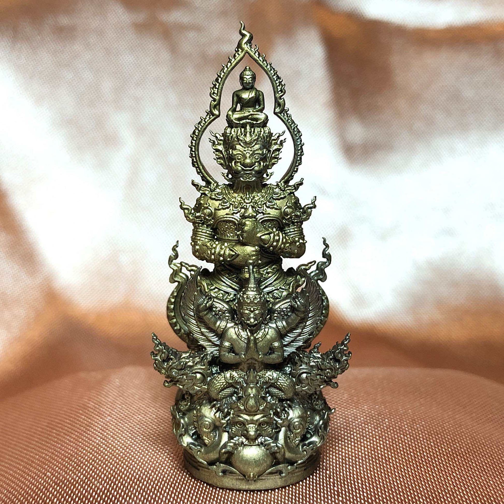 Thai Blessing Co giant king amulet wealth bringer brass statue with Buddha and guardian figures