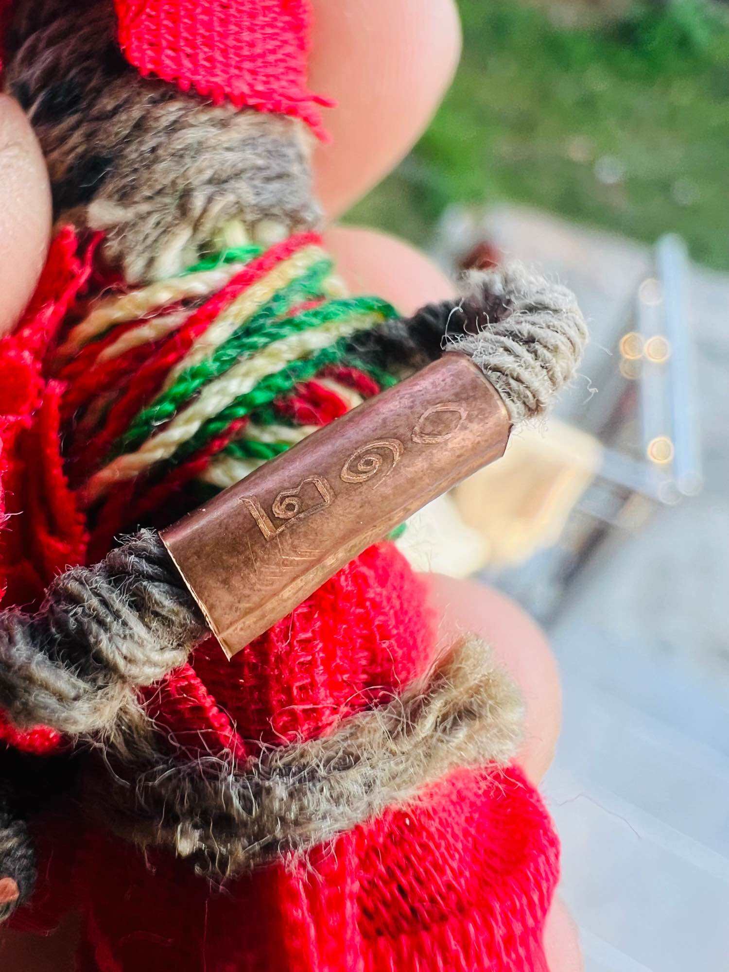 Hoon payon sacred puppet for protection Thai amulet doll with red cloth woven multicolor threads and engraved copper tube