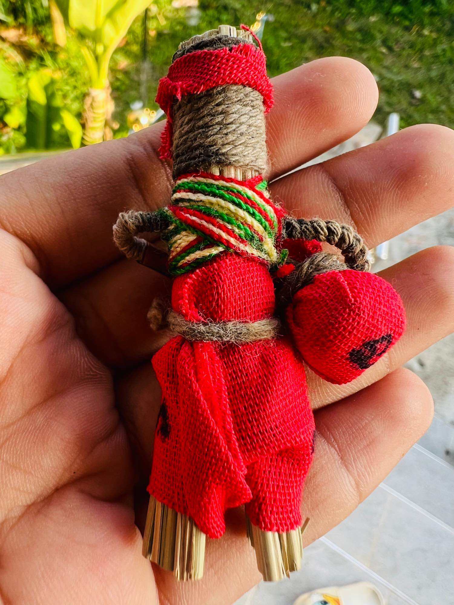 Hoon payon sacred puppet for protection small red Thai talisman doll wrapped in twine and straw legs