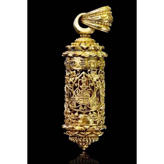 Thai Blessing Co Khun Setthi Takrud longevity amulet ornate gold filigree cylinder pendant for protection