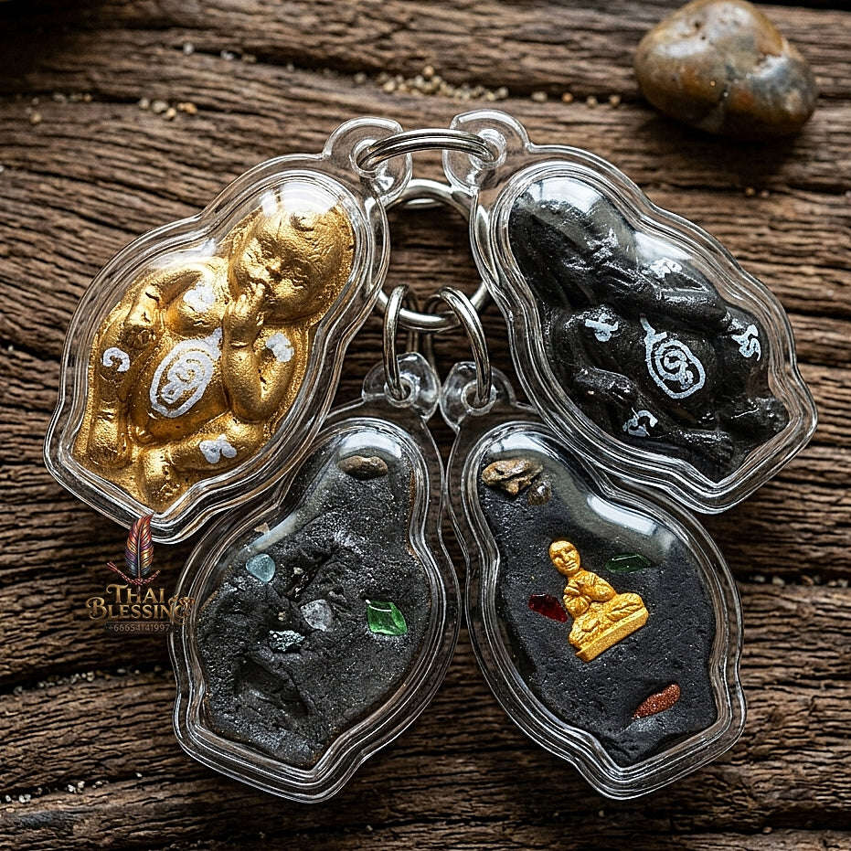Thai Amulet Kuman Thong Wealth & Protection Kuman Thong Khongdet "Sacred Phrai Kumarn Powder, Gem-Embed, Petrified Rice Grain & Mini Kuman Matrix Thai Blessing Co By RURUECHA