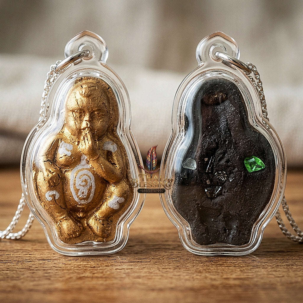 Thai Amulet Kuman Thong Wealth & Protection Kuman Thong Khongdet "Sacred Phrai Kumarn Powder, Gem-Embed, Petrified Rice Grain & Mini Kuman Matrix Thai Blessing Co By RURUECHA