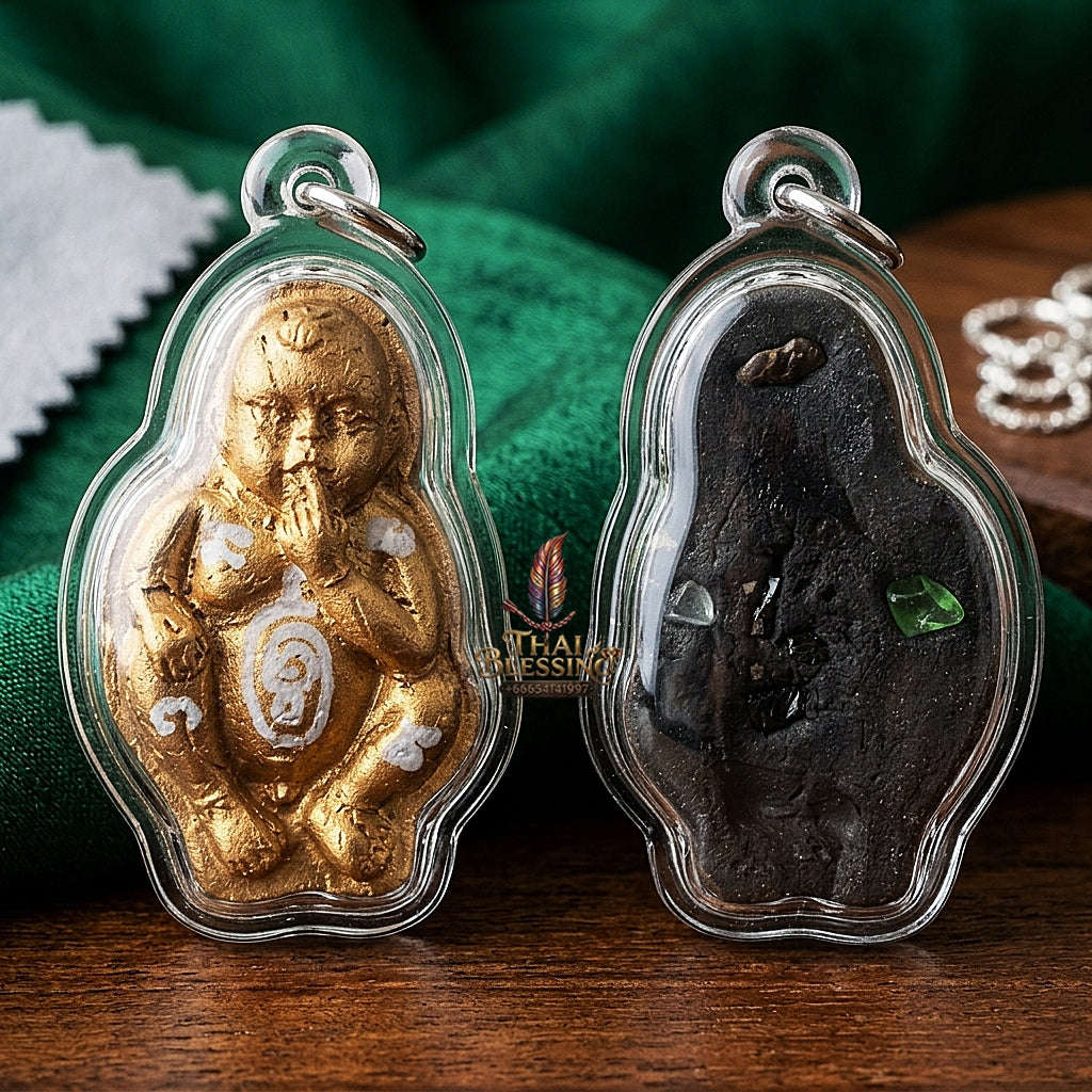 Thai Amulet Kuman Thong Wealth & Protection Kuman Thong Khongdet "Sacred Phrai Kumarn Powder, Gem-Embed, Petrified Rice Grain & Mini Kuman Matrix Thai Blessing Co By RURUECHA
