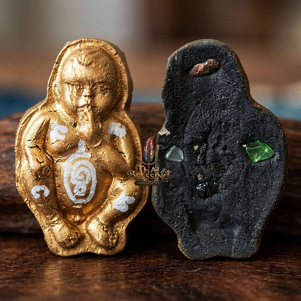 Thai Amulet Kuman Thong Wealth & Protection Kuman Thong Khongdet "Sacred Phrai Kumarn Powder, Gem-Embed, Petrified Rice Grain & Mini Kuman Matrix Thai Blessing Co By RURUECHA