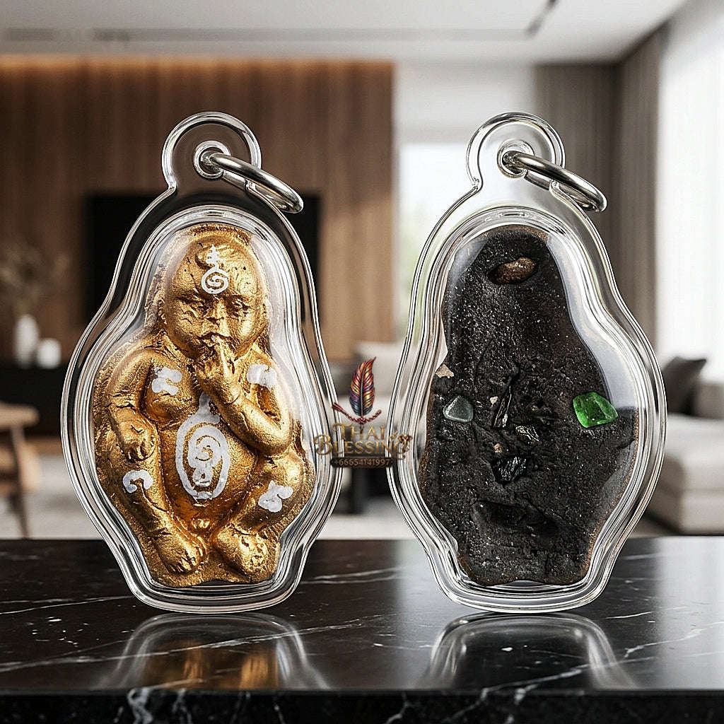 Thai Amulet Kuman Thong Wealth & Protection Kuman Thong Khongdet "Sacred Phrai Kumarn Powder, Gem-Embed, Petrified Rice Grain & Mini Kuman Matrix Thai Blessing Co By RURUECHA