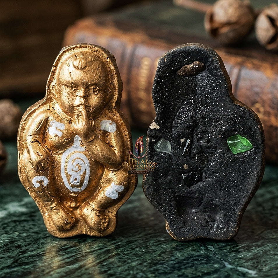 Thai Amulet Kuman Thong Wealth & Protection Kuman Thong Khongdet "Sacred Phrai Kumarn Powder, Gem-Embed, Petrified Rice Grain & Mini Kuman Matrix Thai Blessing Co By RURUECHA