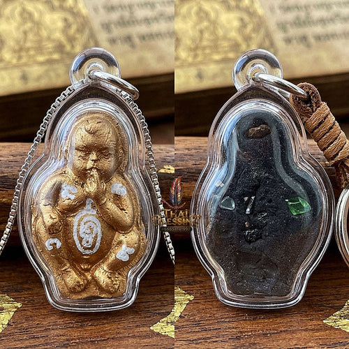 Thai Amulet Kuman Thong Wealth & Protection Kuman Thong Khongdet "Sacred Phrai Kumarn Powder, Gem-Embed, Petrified Rice Grain & Mini Kuman Matrix Thai Blessing Co By RURUECHA