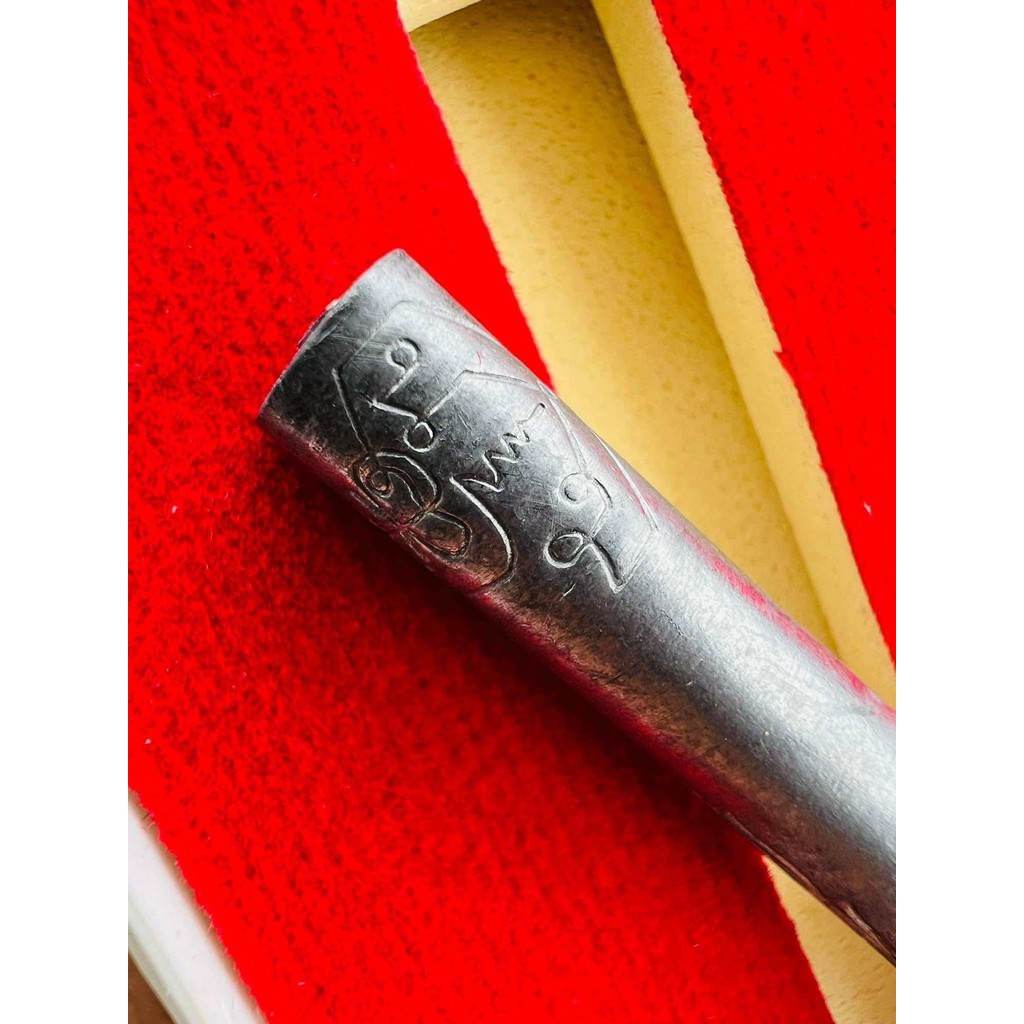 Silver lead takrut blessed by Luang Pu Paew engraved yantra amulet in red presentation box for protection