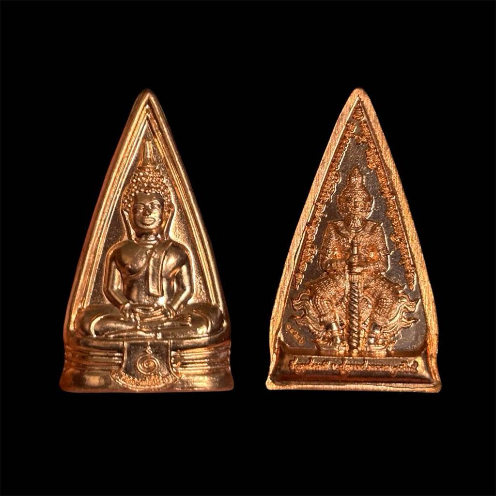 Luang Pho Sothon Thao Wessuwan coin two triangular Thai amulets showing seated Buddha and guardian deity