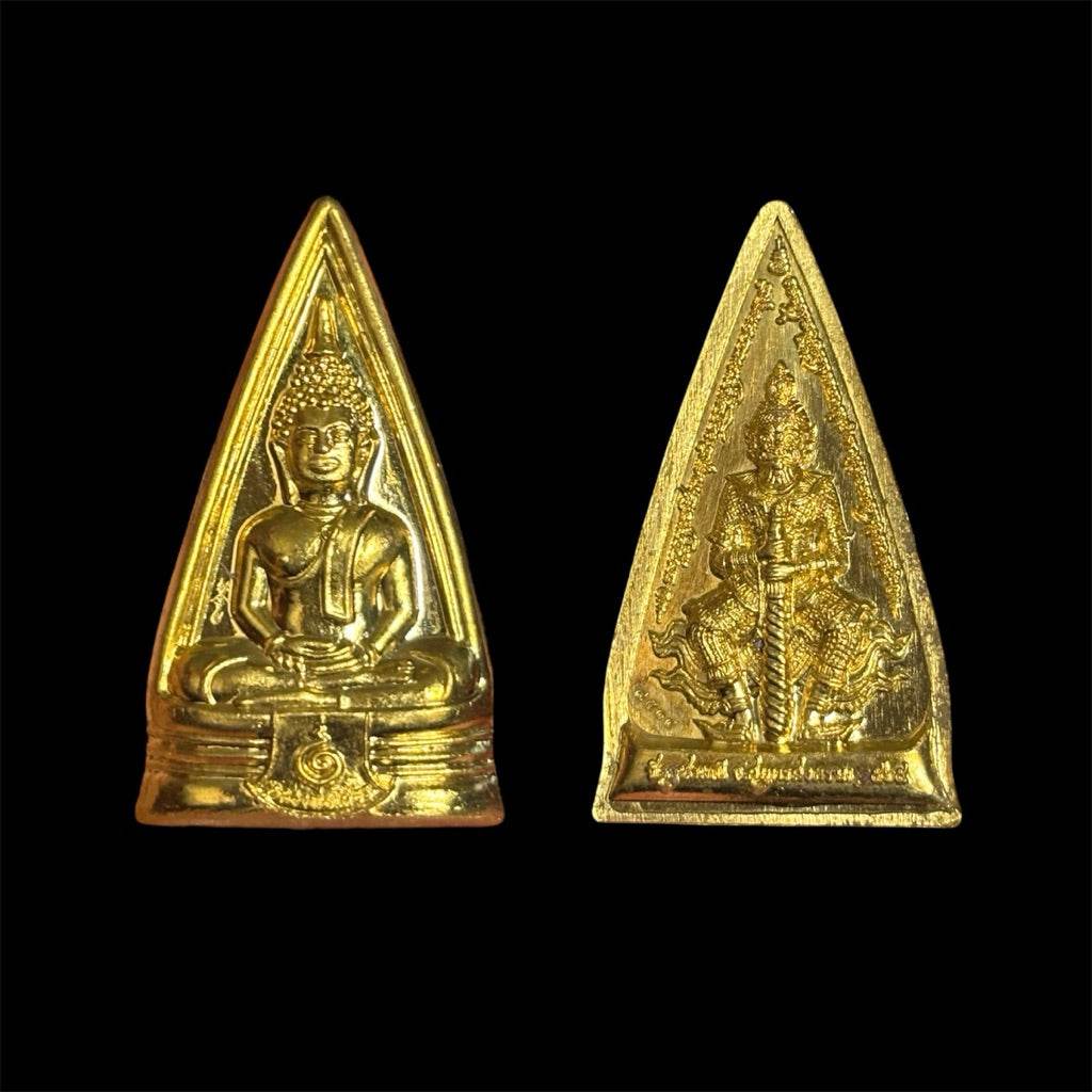 Gold Luang Pho Sothon Thao Wessuwan coin showing seated Buddha on front and guardian deity on back for home altar