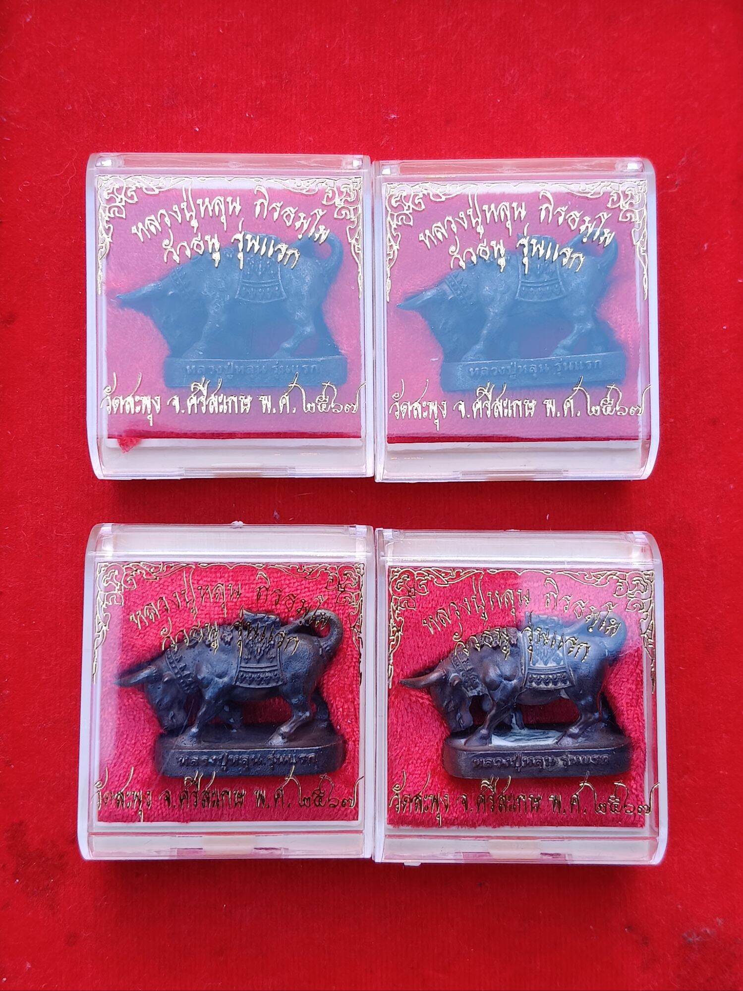 Thai Blessing Co Luang Pu Lun buffalo charm for luck four dark buffalo amulets in clear display cases on red cloth