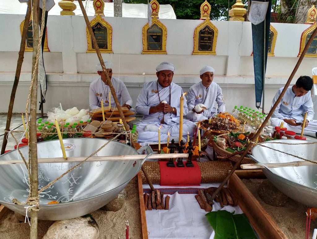 Luuk Sawat sacred charm Thai blessing ceremony with white robed monks, offerings and large metal bowls
