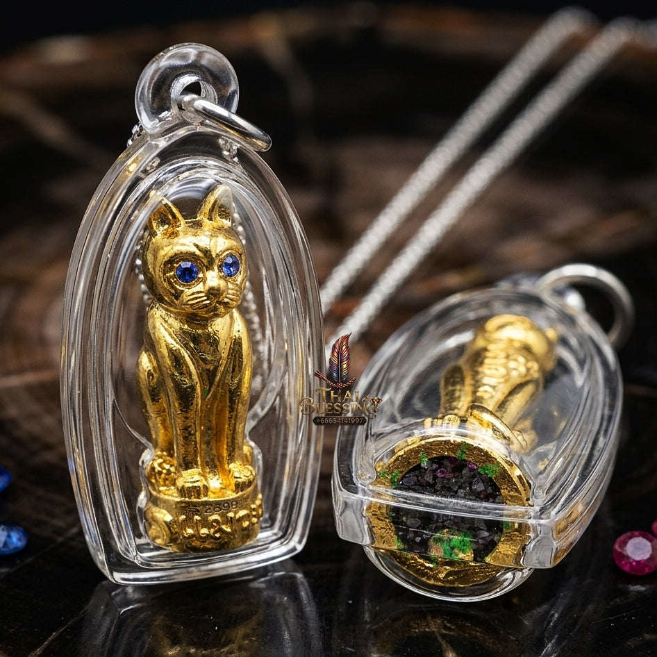 Thai Amulet Maha Lap & Kaa Khaay Ultimate Wealth-Attraction Curio — 2012 Sovereign Maeo Maha Lap "Kuman Koy Sap" Gold-Plated Samrit Bronze Thai Blessing Co By RURUECHA