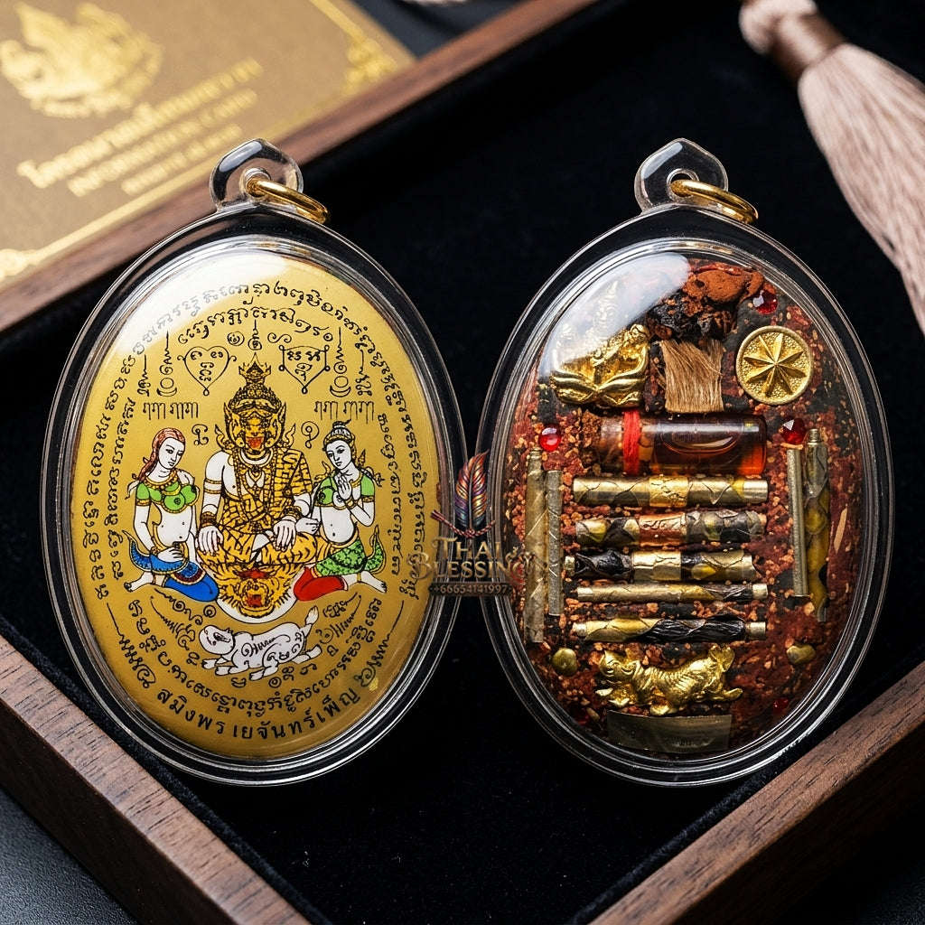 Thai Amulet Occult Mastery, Tiger Spirit & Supreme Wealth Attraction Gold Backdrop Saming Phrai Chan Phen Large-Format Locket Edition Ruesi Pu Chao Samin Phrai Thai Blessing Co By RURUECHA