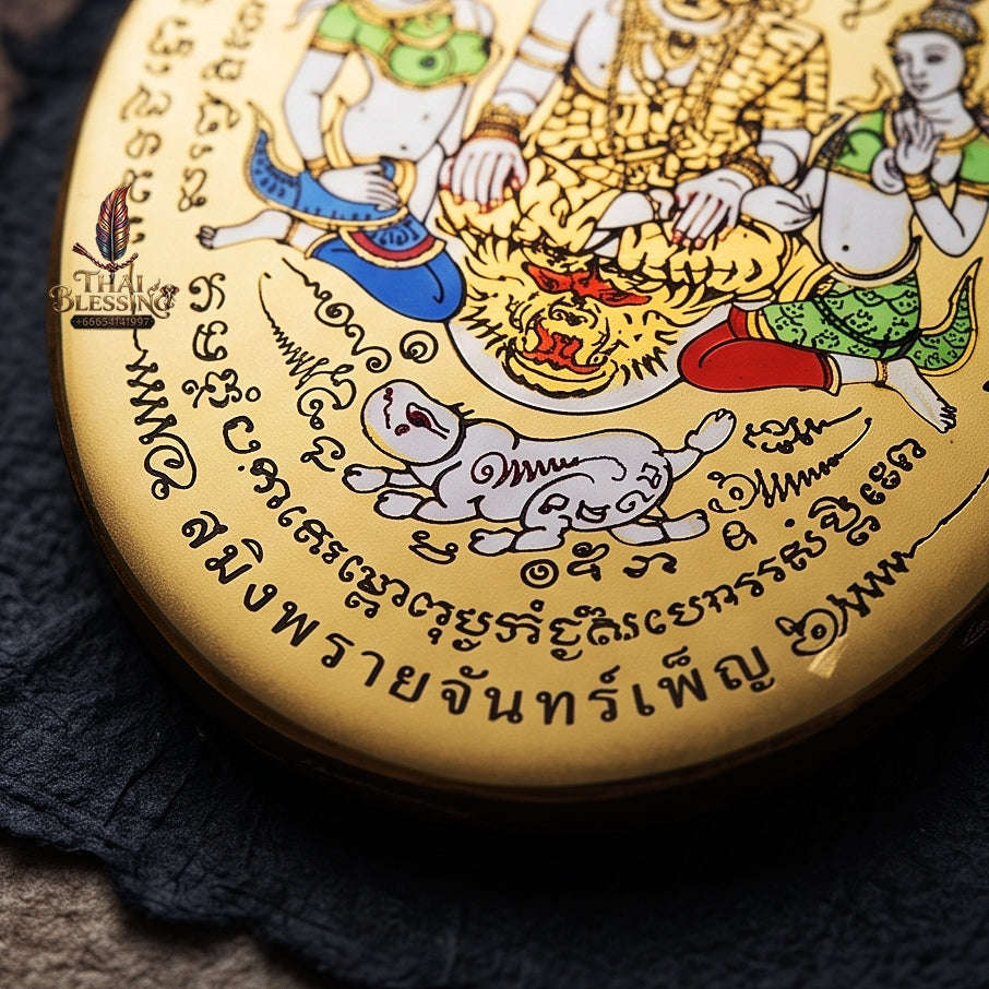 Thai Amulet Occult Mastery, Tiger Spirit & Supreme Wealth Attraction Gold Backdrop Saming Phrai Chan Phen Large-Format Locket Edition Ruesi Pu Chao Samin Phrai Thai Blessing Co By RURUECHA