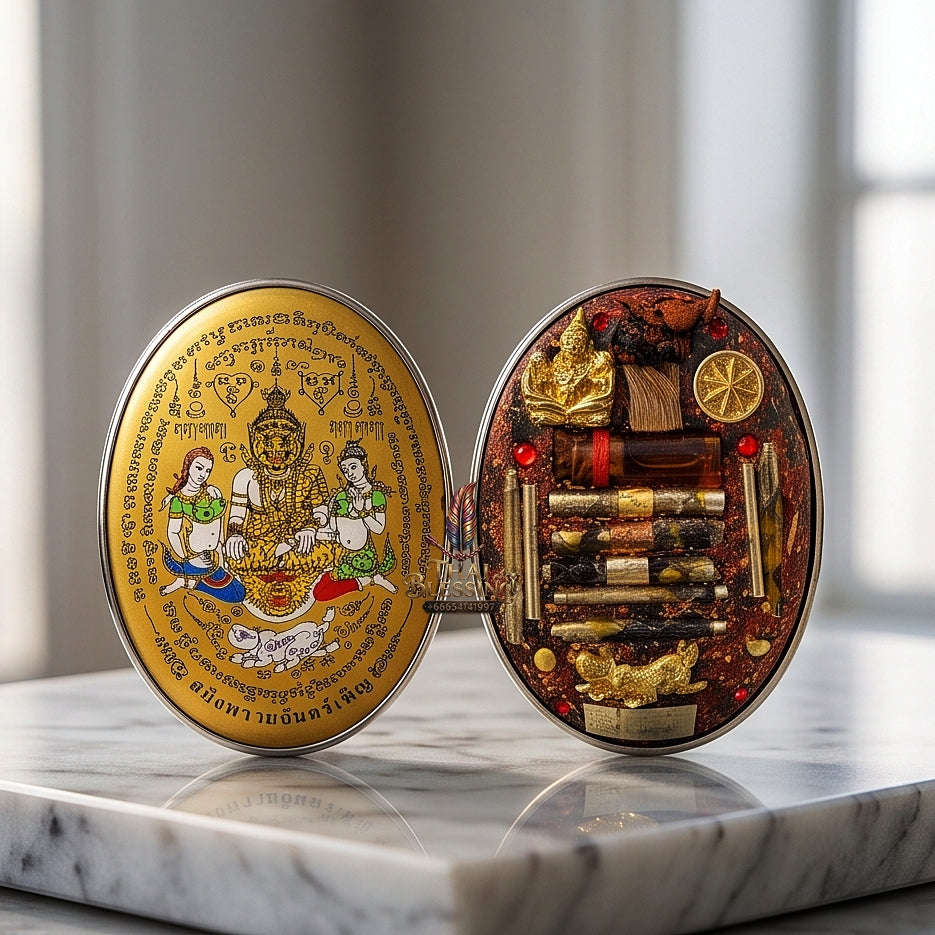 Thai Amulet Occult Mastery, Tiger Spirit & Supreme Wealth Attraction Gold Backdrop Saming Phrai Chan Phen Large-Format Locket Edition Ruesi Pu Chao Samin Phrai Thai Blessing Co By RURUECHA