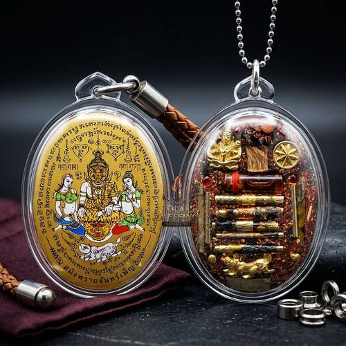 Thai Amulet Occult Mastery, Tiger Spirit & Supreme Wealth Attraction Gold Backdrop Saming Phrai Chan Phen Large-Format Locket Edition Ruesi Pu Chao Samin Phrai Thai Blessing Co By RURUECHA