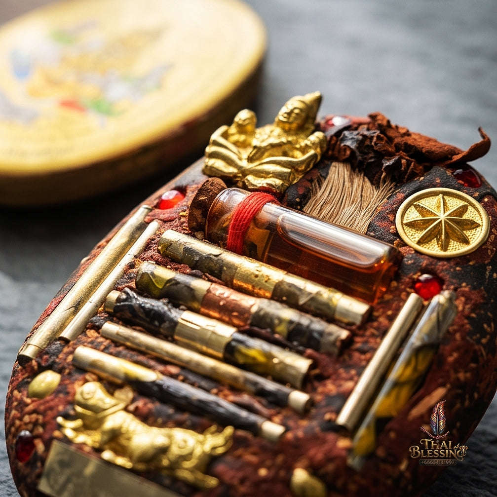 Thai Amulet Occult Mastery, Tiger Spirit & Supreme Wealth Attraction Gold Backdrop Saming Phrai Chan Phen Large-Format Locket Edition Ruesi Pu Chao Samin Phrai Thai Blessing Co By RURUECHA