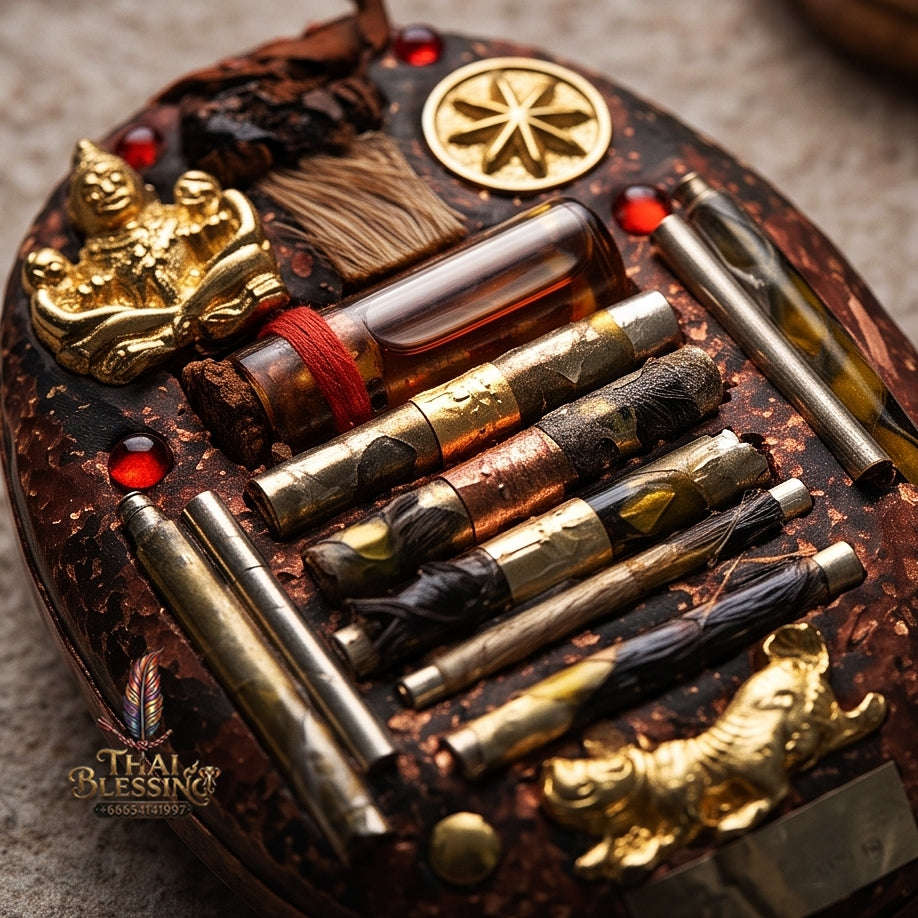 Thai Amulet Occult Mastery, Tiger Spirit & Supreme Wealth Attraction Gold Backdrop Saming Phrai Chan Phen Large-Format Locket Edition Ruesi Pu Chao Samin Phrai Thai Blessing Co By RURUECHA
