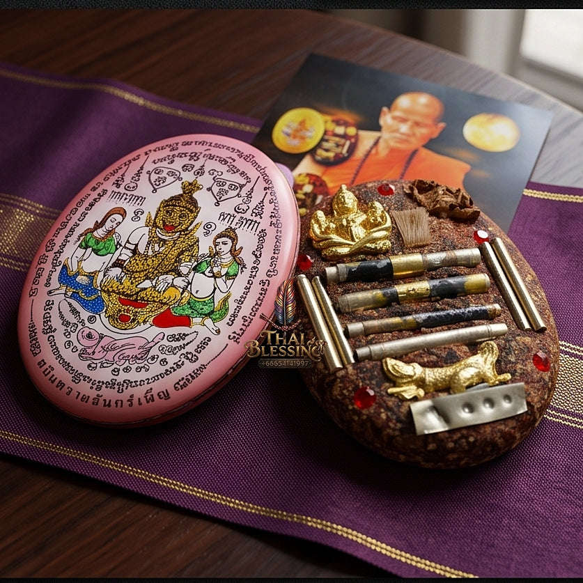 Thai Amulet Occult Mastery, Tiger Spirit & Supreme Wealth Attraction Pink Backdrop Samin Phrai Chan Phen Locket Edition Ruesi Pu Chao Saming Phrai Thai Blessing Co By RURUECHA
