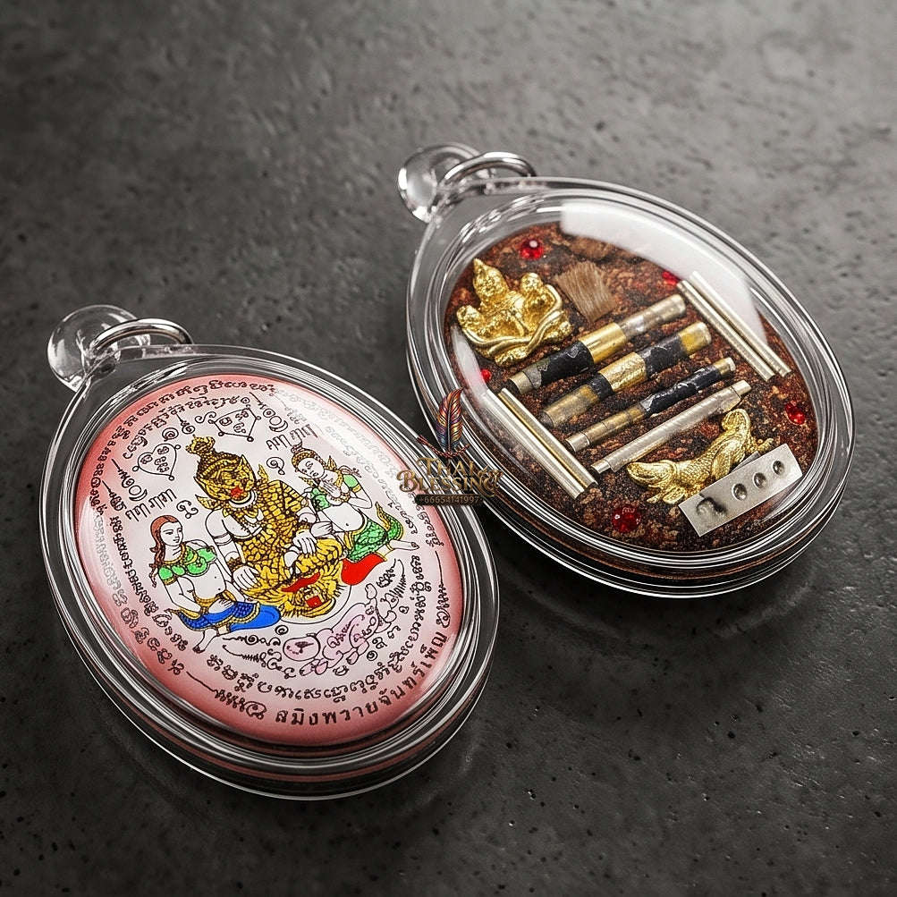 Thai Amulet Occult Mastery, Tiger Spirit & Supreme Wealth Attraction Pink Backdrop Samin Phrai Chan Phen Locket Edition Ruesi Pu Chao Saming Phrai Thai Blessing Co By RURUECHA
