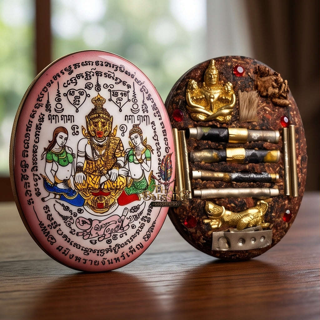 Thai Amulet Occult Mastery, Tiger Spirit & Supreme Wealth Attraction Pink Backdrop Samin Phrai Chan Phen Locket Edition Ruesi Pu Chao Saming Phrai Thai Blessing Co By RURUECHA