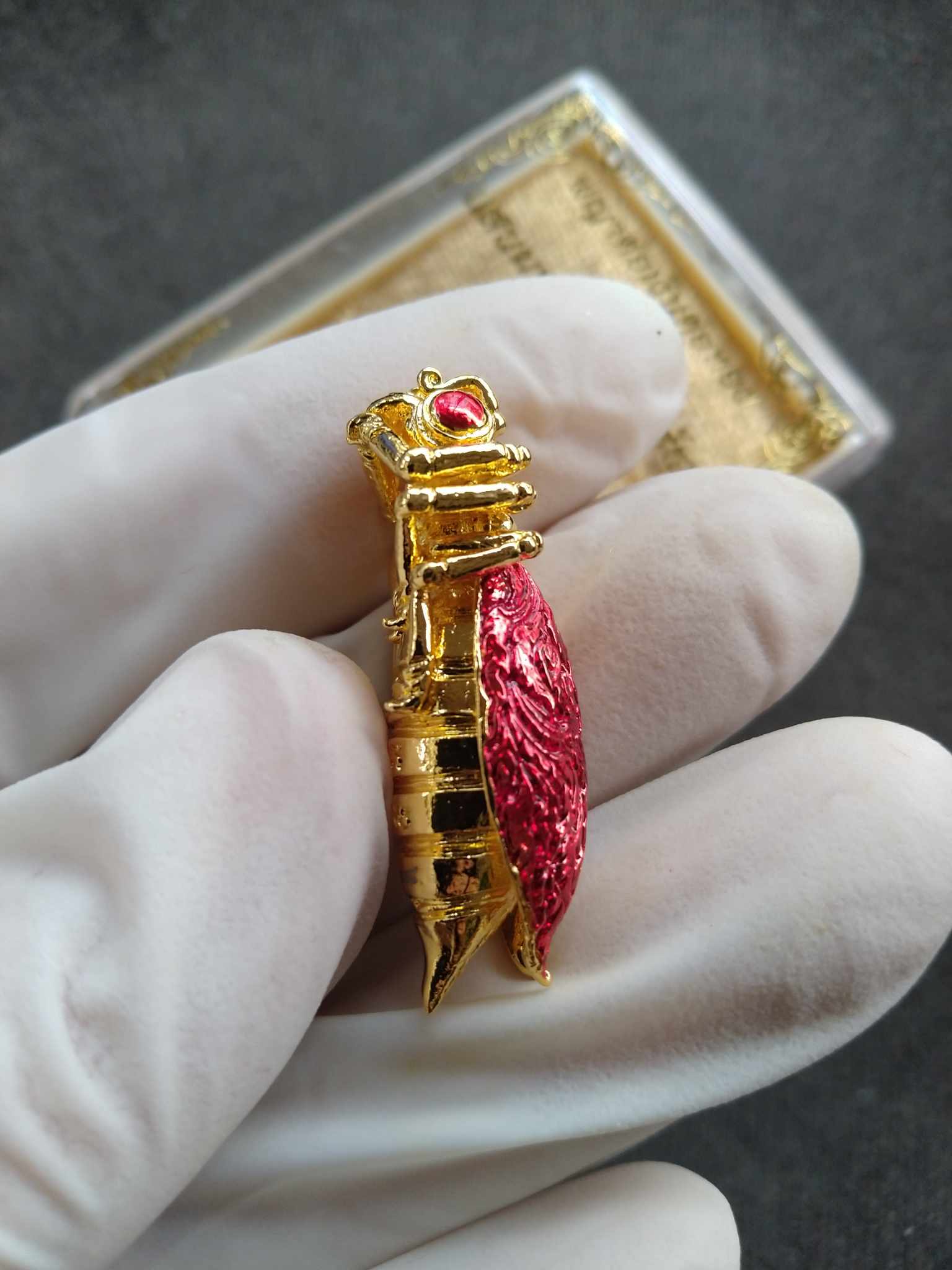 Phaya Tor Ngern Tor Thong Grand Millionaire Amulet  gold cicada amulet with red wing held in gloved hand