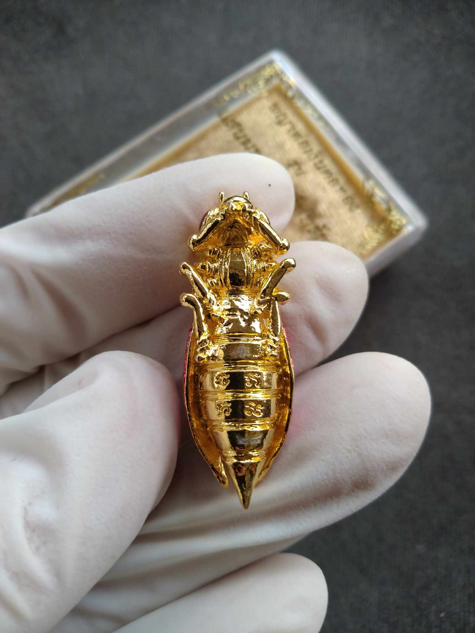 Phaya Tor Ngern Tor Thong Grand Millionaire Amulet  gold cicada amulet held by gloved hand from Thai Blessing Co