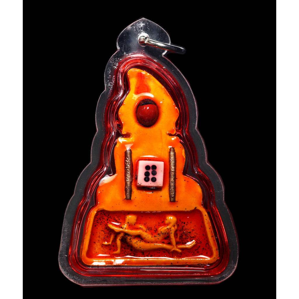 Phra Ngang love charm Thai orange resin amulet pendant with engraved lovers and dice in clear protective case