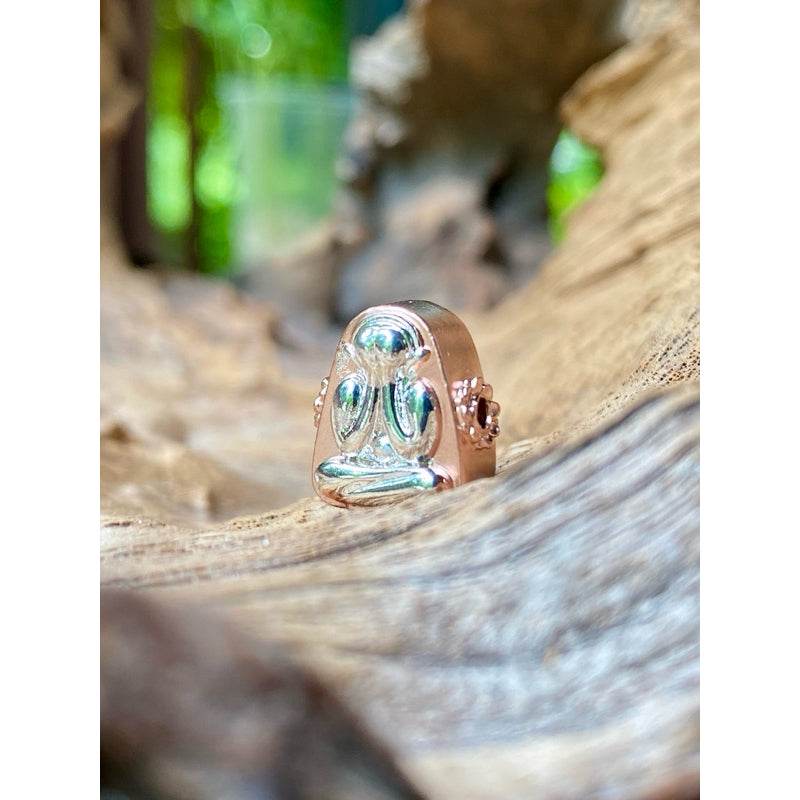 Phra Pidta Namo amulet two-tone polished silver and rose gold sitting on natural wood for home shrine