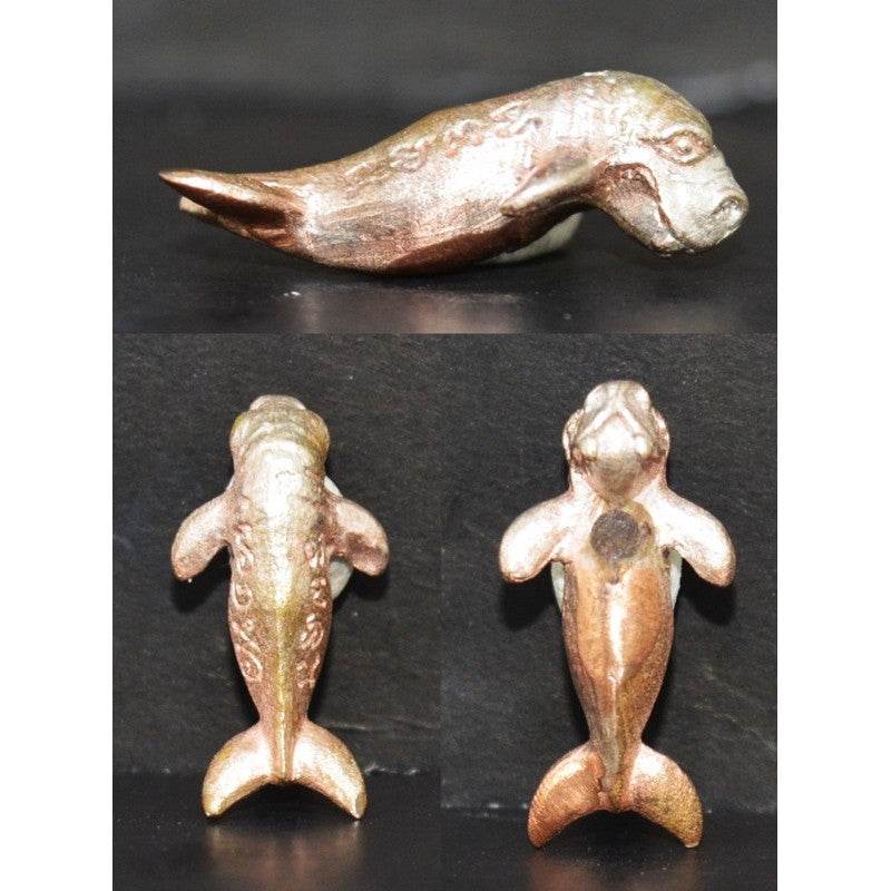 Small bronze Pla Du Yong (Manatee) Amulet . three angle view showing carved details for home altar