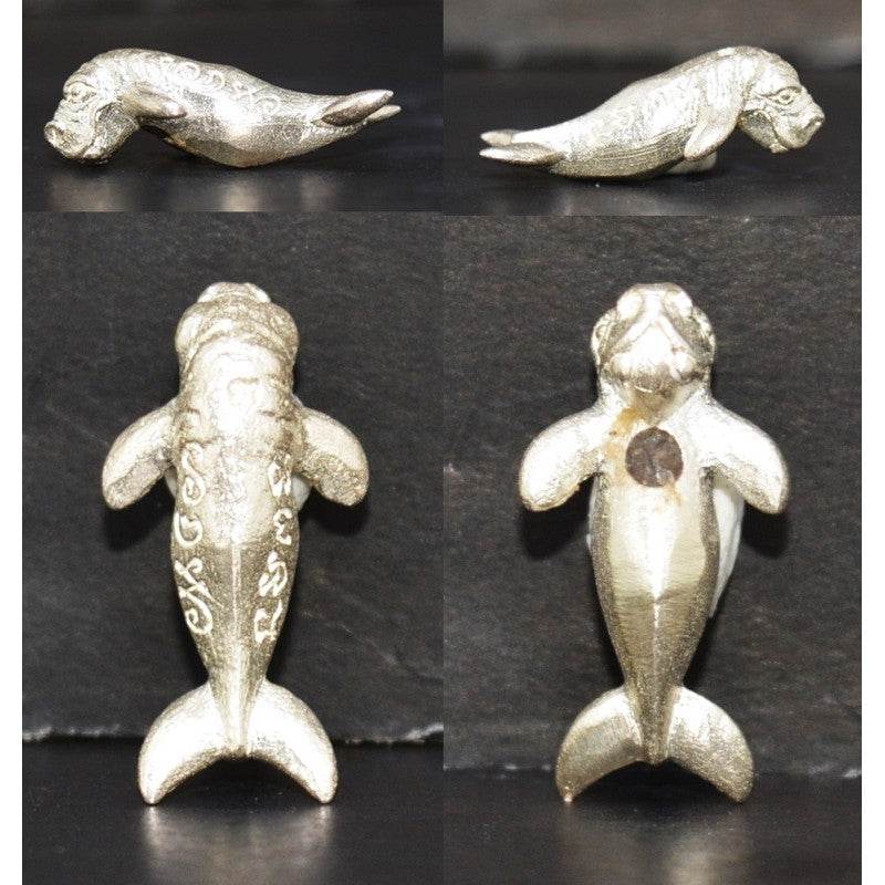 Pla Du Yong (Manatee) Amulet silver talisman shown front back and side views with engraved script