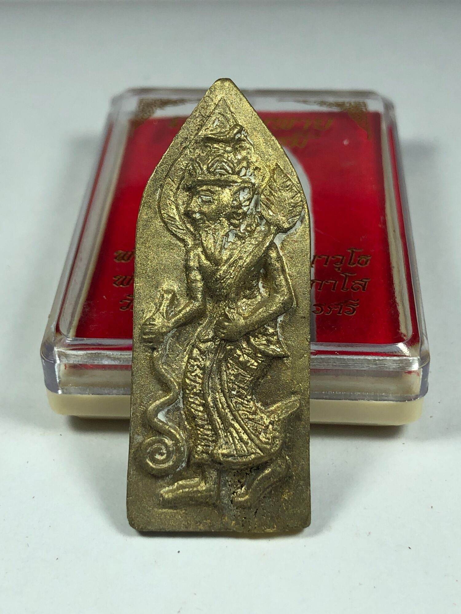 Ruesi Bai Pai amulet for protection gold metal Thai hermit figure standing on base with red case