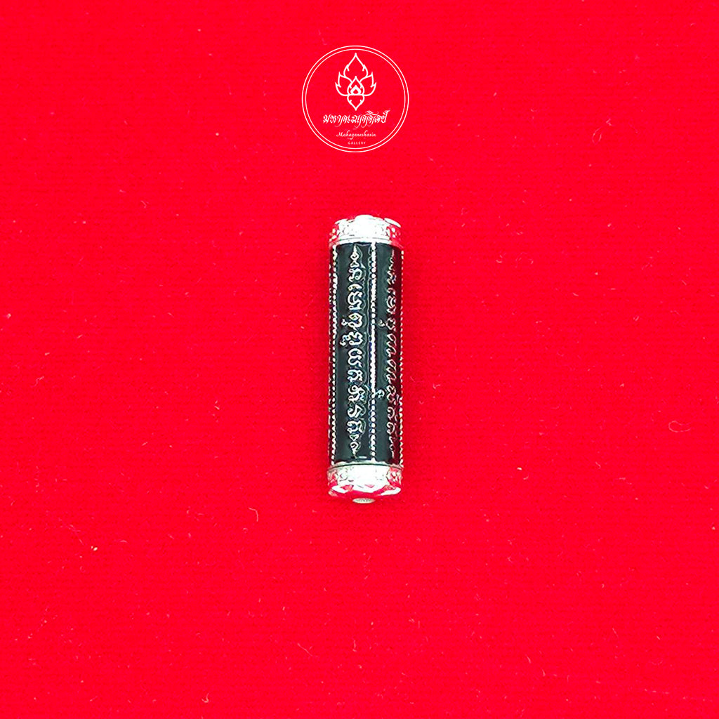 Thai Blessing Co takrut 5 lines amulet black tubular talisman with silver caps and engraved sacred script on red cloth