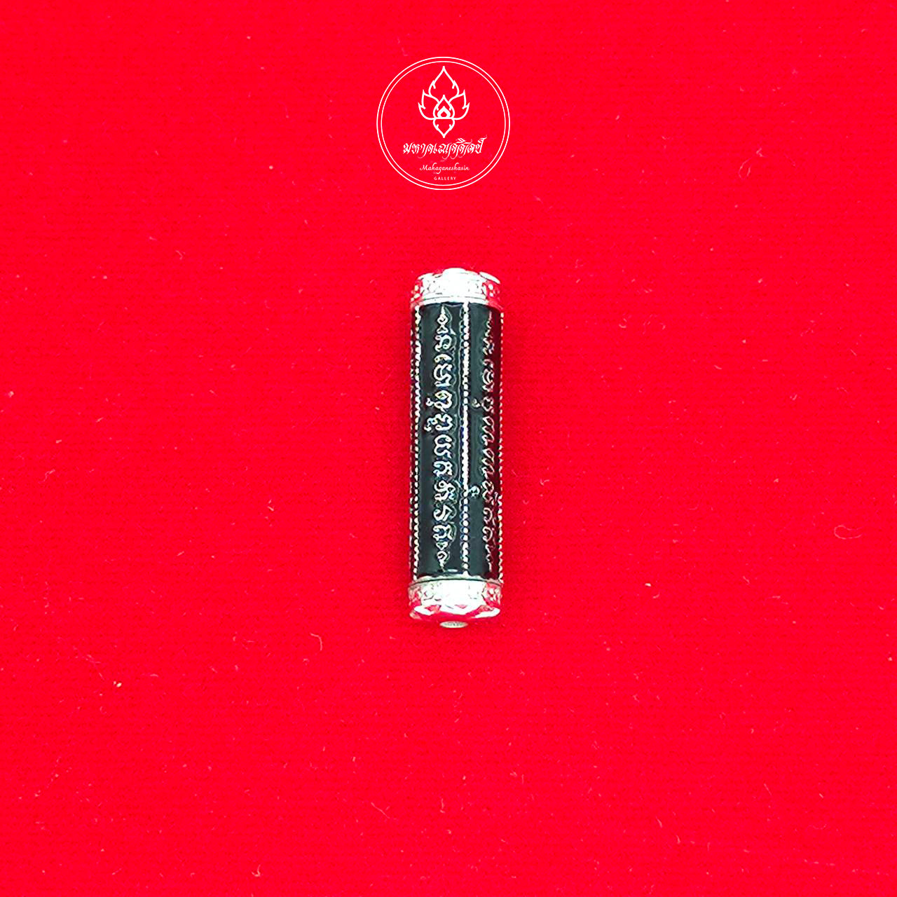 Thai Blessing Co takrut 5 lines amulet black tubular talisman with silver caps and engraved sacred script on red cloth