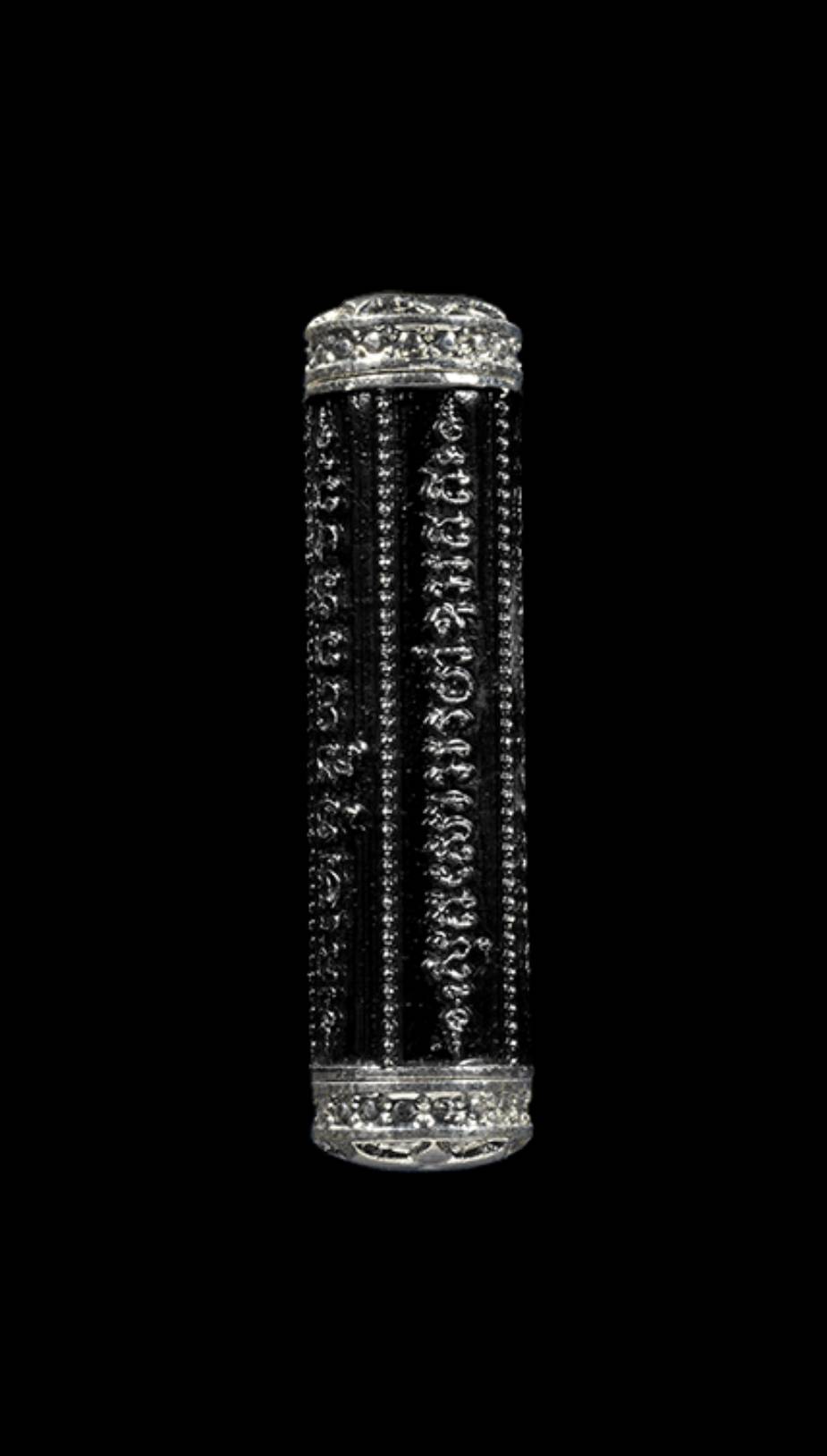 Thai Blessing Co takrut 5 lines amulet black rolled cylinder with silver caps and engraved sacred script